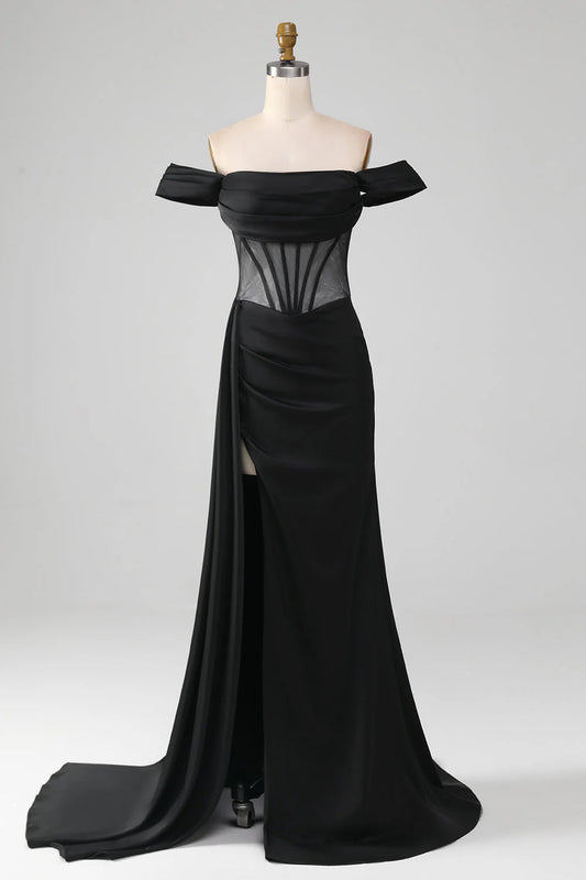 Wholesale Black Off the Shoulder Evening Dress Corset Satin Mermaid Prom Dress with Slit