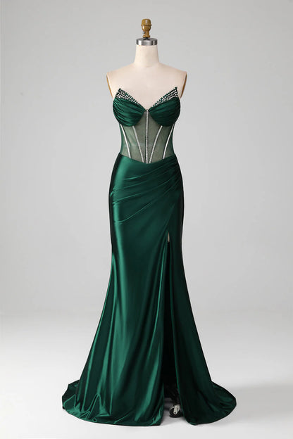 Wholesale Dark Green Evening Dress Mermaid Strapless Corset Pleated Long Prom Dress With Slit