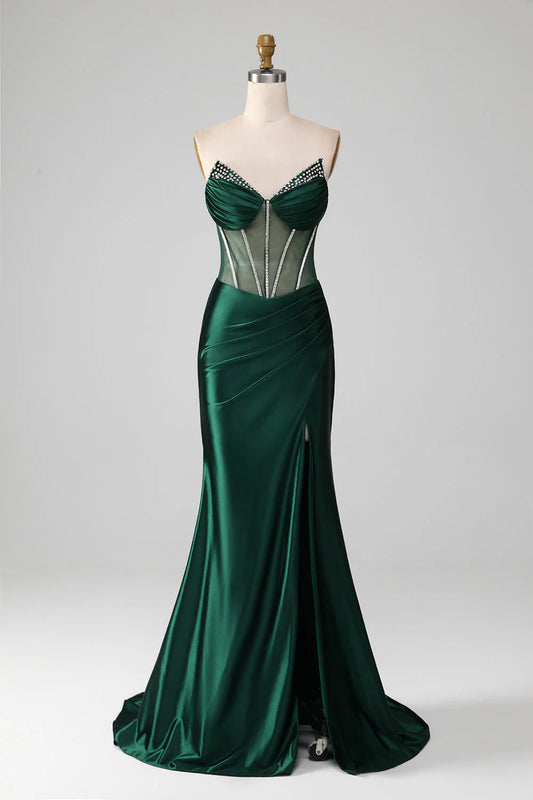 Wholesale Dark Green Evening Dress Mermaid Strapless Corset Pleated Long Prom Dress With Slit