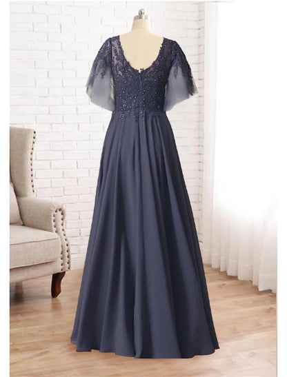 wholesale  A-Line Mother of the Bride Dress Plus Size Elegant V Neck Floor Length Chiffon Lace Short Sleeve with Pleats Beading Appliques