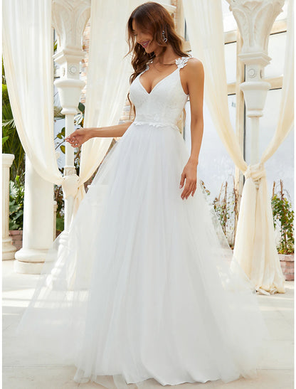 Wholesale Reception Casual Wedding Dresses A-Line Sweetheart V Wire Regular Straps Sweep / Brush Train Tulle Bridal Gowns With Crystals Appliques 2023 Summer Wedding Party