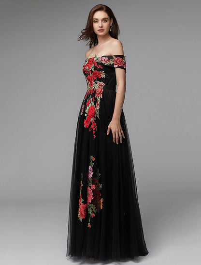 Wholesale A-Line Prom Dresses Floral Dress Wedding Guest Floor Length Sleeveless Off Shoulder Lace Over Tulle with Embroidery Appliques