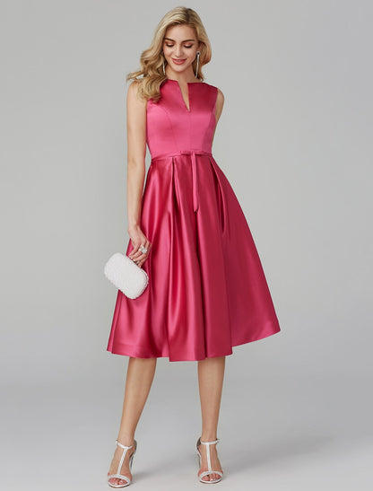 Wholesa A-Line Party Dress Wedding Guest Cocktail Party Knee Length Sleeveless V Wire Pink Dress Satin with Sash / Ribbon