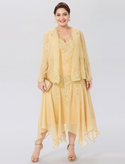 wholesale  A-Line Mother of the Bride Dress Formal Plus Size Elegant High Low V Neck Asymmetrical Chiffon Beaded Lace Long Sleeve Wrap Included with Beading Appliques