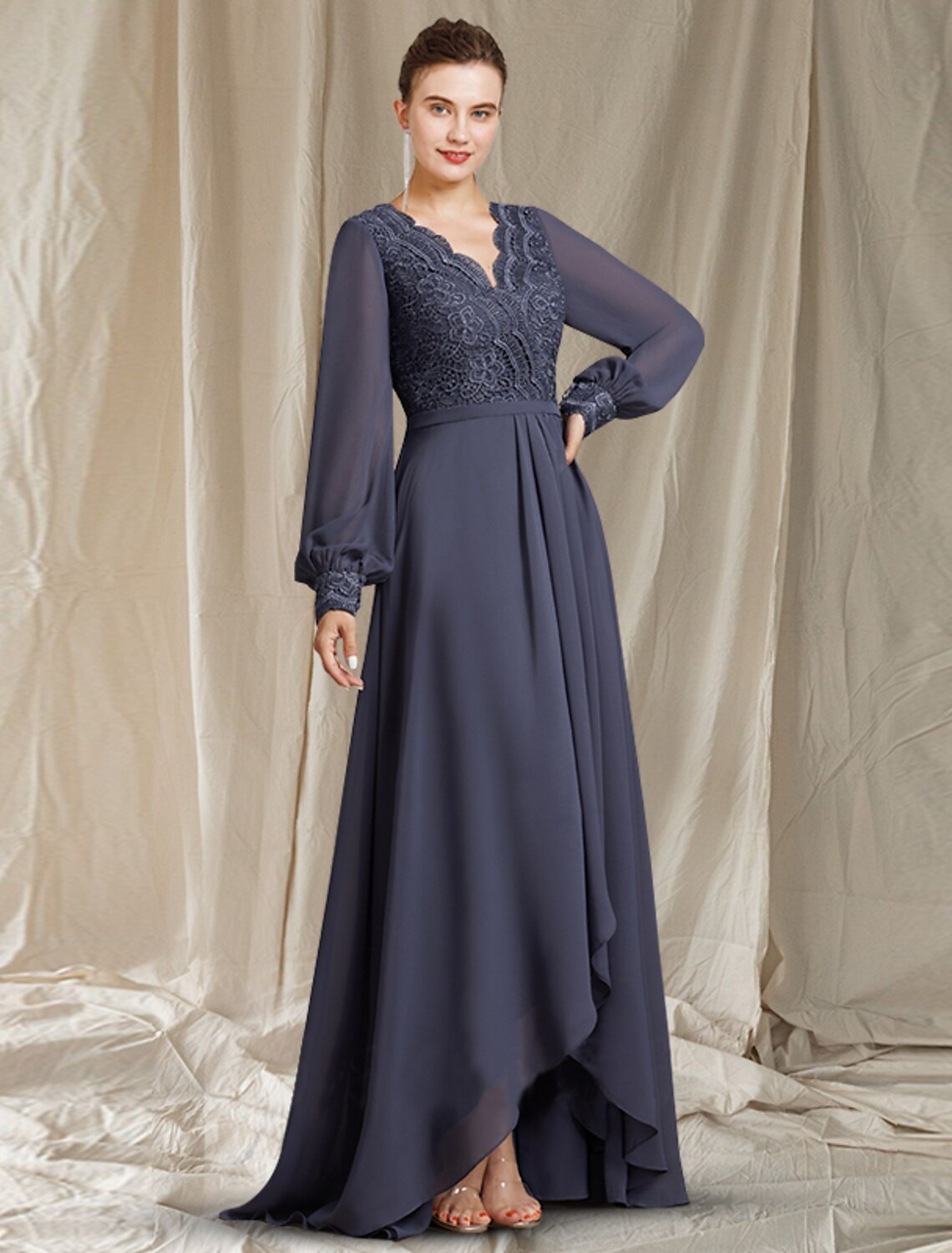 Wholesa A-Line Mother of the Bride Dress Elegant High Low V Neck Sweep / Brush Train Asymmetrical Tea Length Chiffon Lace Long Sleeve with Pleats Appliques