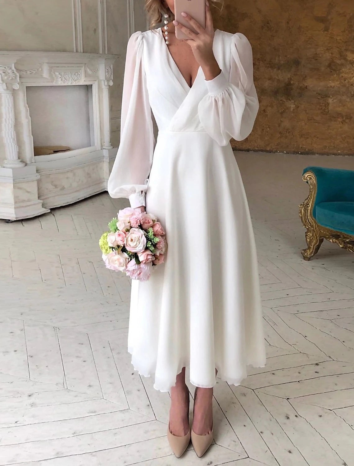 Wholesa Simple Wedding Dresses Little White Dresses A-Line V Neck For Wedding Reception Lantern Sleeve Ankle Length Chiffon Bridal Shower Gowns With Solid Color