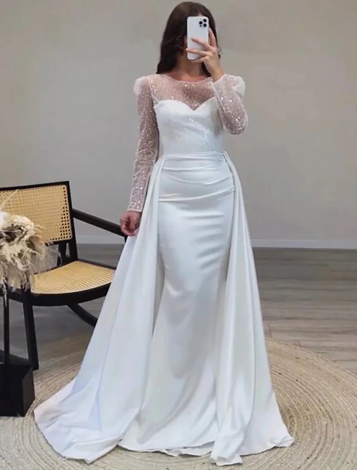 Wholesa Mermaid Sequin Evening Gown Ruched Satin Dress Long Sleeves Floor Length Sparkle Illusion Neck Fall Wedding Guest Dress with Pearls Overskirt