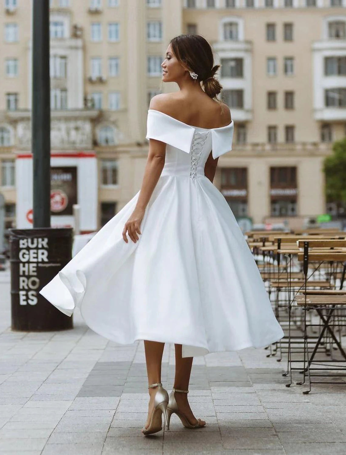 Wholesa Simple Wedding Dresses Satin Little White Dresses A-Line Off Shoulder Formal Short Sleeve Tea Length Bridal Gowns With Solid Color