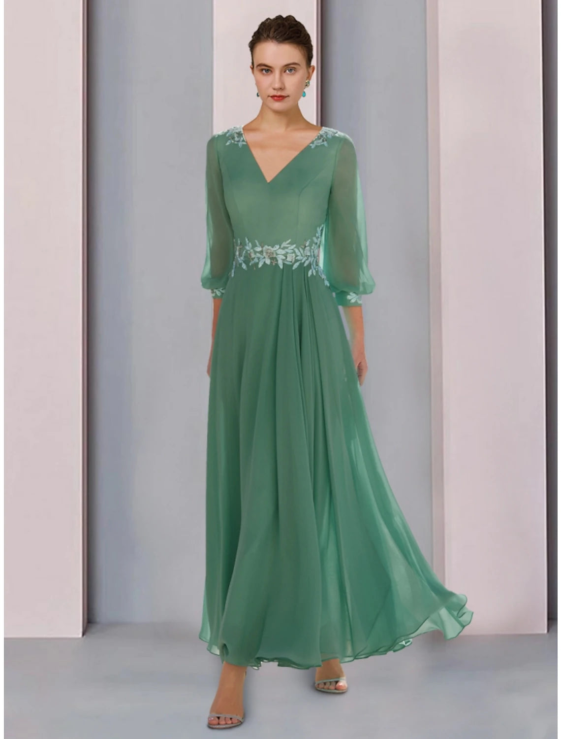 Wholesa A-Line Mother of the Bride Dress Wedding Guest Elegant V Neck Ankle Length Chiffon Lace 3/4 Length Sleeve with Ruching Solid Color