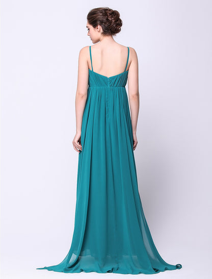 Wholesa A-Line Open Back Formal Evening Dress Spaghetti Strap Sleeveless Sweep / Brush Train Chiffon with Draping