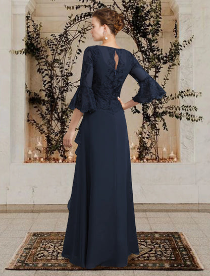 wholesale  Sheath / Column Mother of the Bride Dress Plus Size Elegant Jewel Neck Floor Length Chiffon Lace Half Sleeve with Sequin Appliques