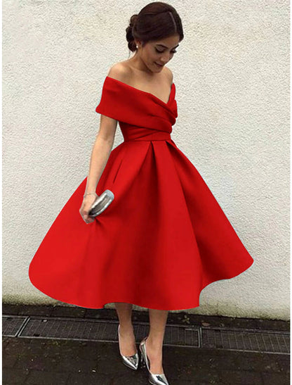 wholesale A-Line Cocktail Dresses 1950s Dress Homecoming Tea Length Short Sleeve V Neck Stretch Fabric V Back with Pleats