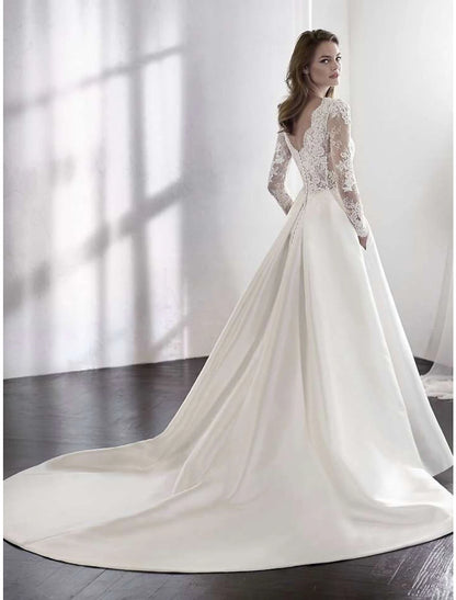 Wholesale Reception Formal Fall Wedding Dresses A-Line Illusion Neck Long Sleeve Chapel Train Satin Bridal Gowns With Lace Pleats Summer Wedding Party