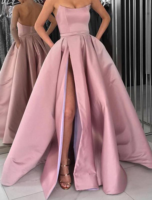 Wholesa Ball Gown Party Dresses Minimalist Dress Prom Wedding Party Floor Length Sleeveless Jewel Neck Pocket Italy Satin Ladder Back with Sleek Slit Pure Color