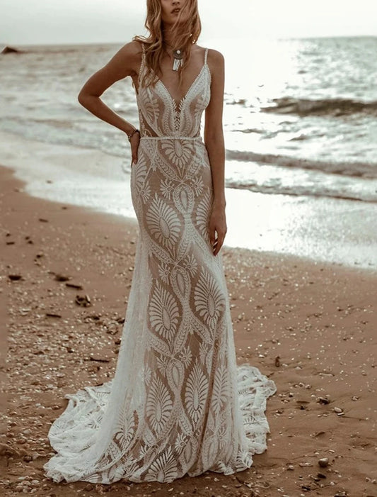 Wholesa Beach Vintage Open Back Wedding Dresses Mermaid / Trumpet Camisole V Neck Sleeveless Sweep / Brush Train Chiffon Bridal Gowns With Pleats Solid Color