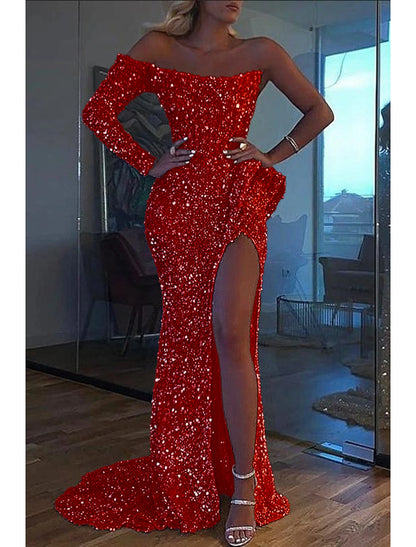 Wholesa Mermaid Dress Evening Gown Red Green Dress Formal Wedding Court Train Long Sleeve One Shoulder Sequined with Sequin Slit