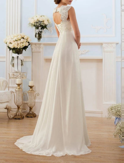 Wholesa Beach Open Back Wedding Dresses A-Line Sweetheart Cap Sleeve Sweep / Brush Train Chiffon Bridal Gowns With Lace Insert