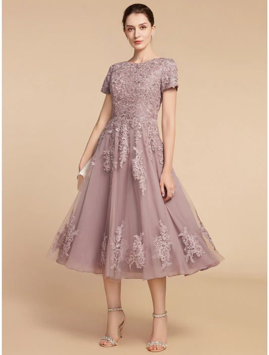 Aimishang  A-Line Mother of the Bride Dress Wedding Guest Elegant Petite Jewel Neck Tea Length Lace Tulle Short Sleeve with Ruching Flower
