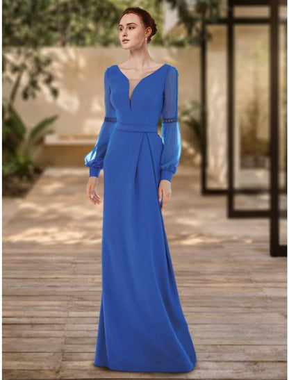 Wholesa Sheath / Column Evening Gown Elegant Dress Formal Floor Length Long Sleeve V Neck Stretch Chiffon with Pleats