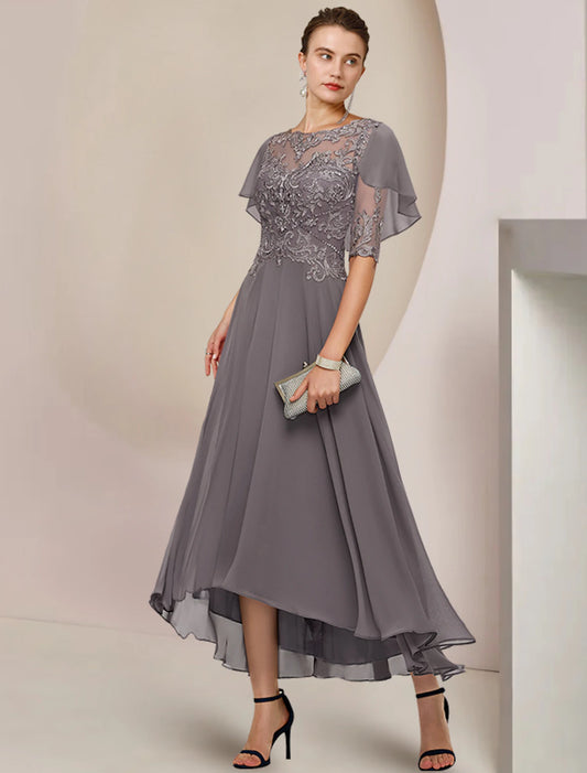 wholesale A-Line Mother of the Bride Dress Formal Wedding Guest Elegant Scoop Neck Asymmetrical Tea Length Chiffon Lace 3/4 Length Sleeve with Beading Tier Appliques