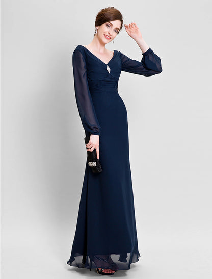 wholesale Sheath / Column Mother of the Bride Dress Open Back V Neck Floor Length Chiffon Long Sleeve No with Ruched Draping Crystal Brooch