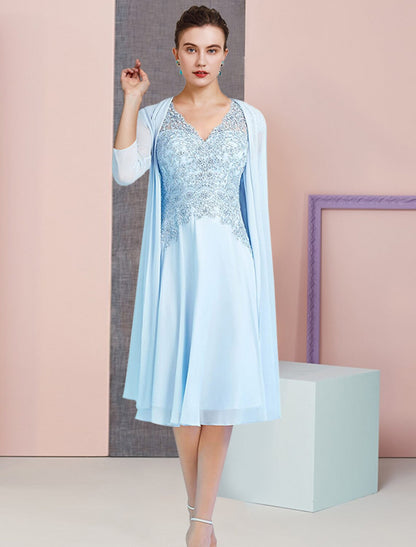 wholesale  A-Line Mother of the Bride Dress Formal Wedding Guest Vintage Elegant V Neck Knee Length Chiffon Lace 3/4 Length Sleeve Jacket Dresses with Beading Sequin Appliques