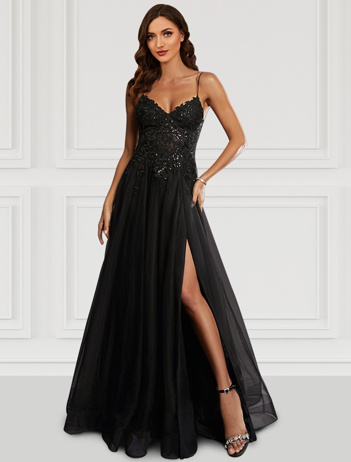 Wholesale A-Line Prom Dresses Black Dress Party Wear Floor Length Sleeveless Spaghetti Strap Tulle with Glitter Slit