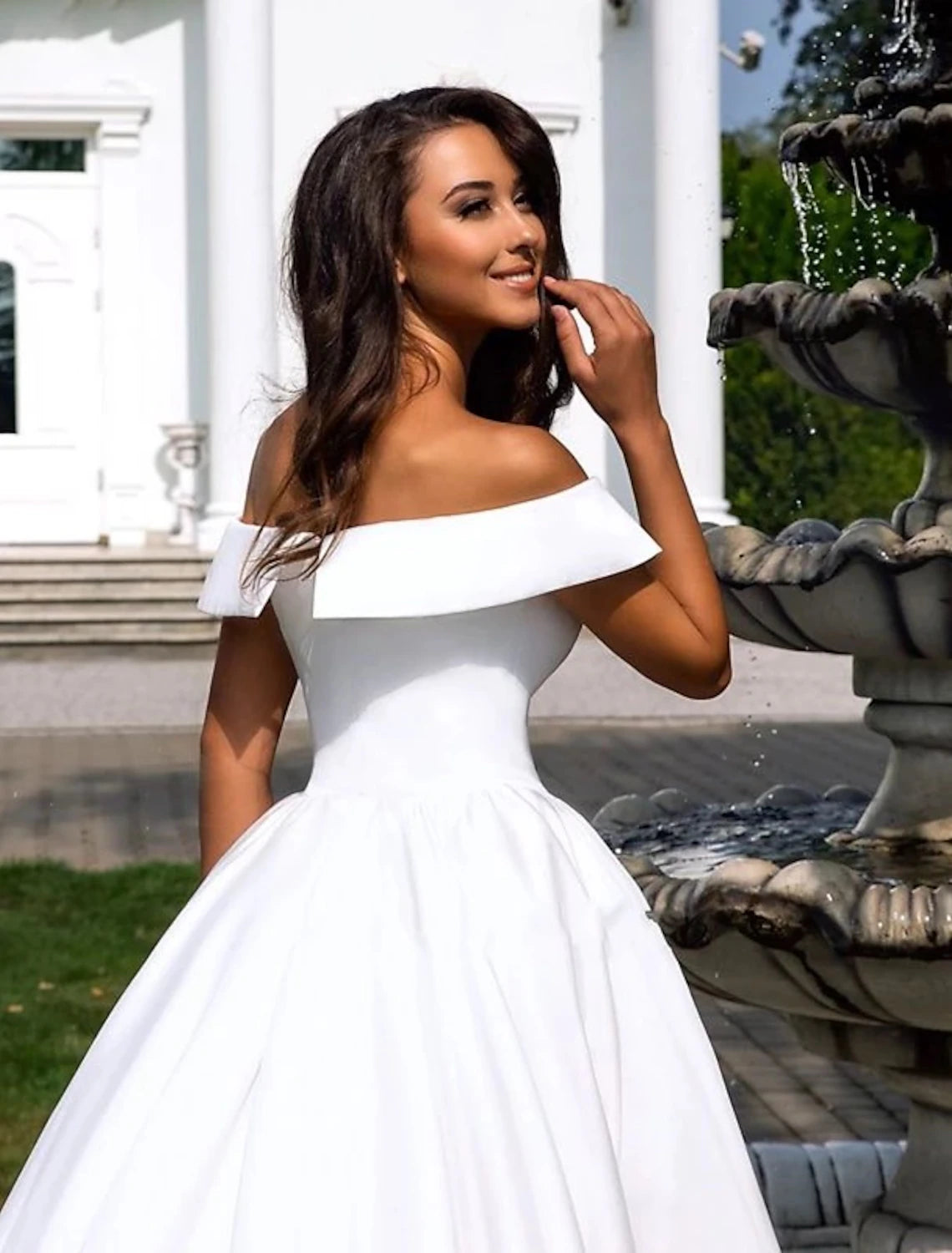 Wholesale Formal Wedding Dresses Ball Gown Off Shoulder Cap Sleeve Chapel Train Satin Bridal Gowns With Pleats Summer Wedding Party