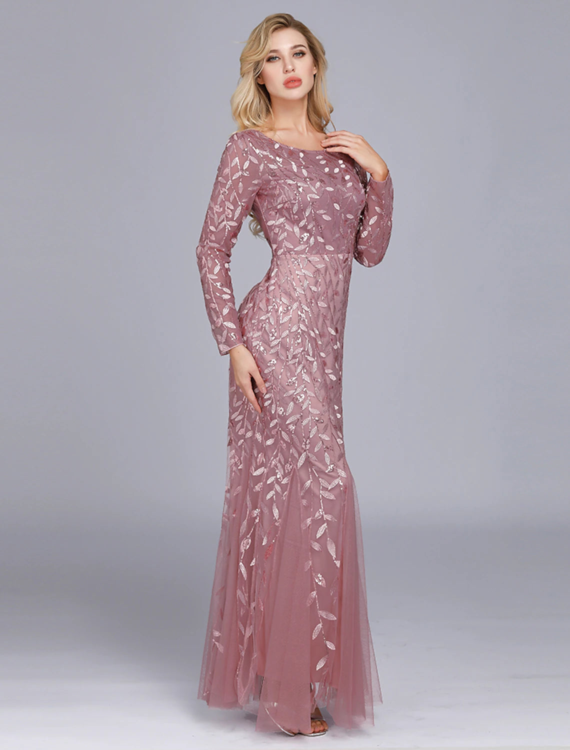 wholesale   Mermaid / Trumpet Empire Elegant Party Wear Formal Evening Valentine's Day Dress Jewel Neck Long Sleeve Floor Length Tulle with Embroidery