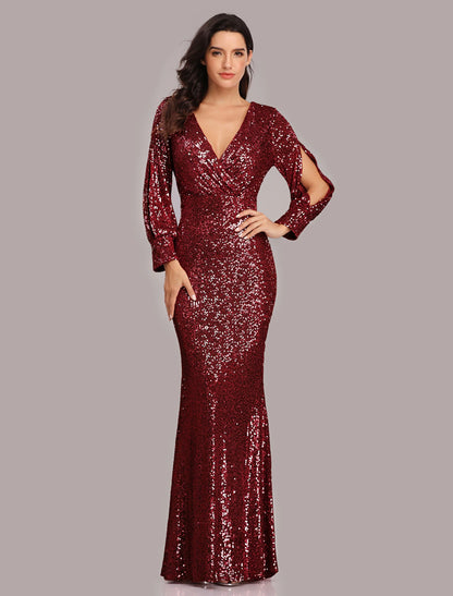 Wholesa Mermaid / Trumpet Evening Gown Sparkle Dress Party Dress Wedding Guest Floor Length Long Sleeve V Neck Sequined with Sequin