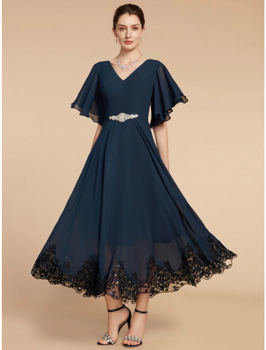 Wholesa A-Line Mother of the Bride Dress Wedding Guest Elegant Vintage V Neck Ankle Length Chiffon Lace Short Sleeve with Crystal Brooch Ruching Solid Color