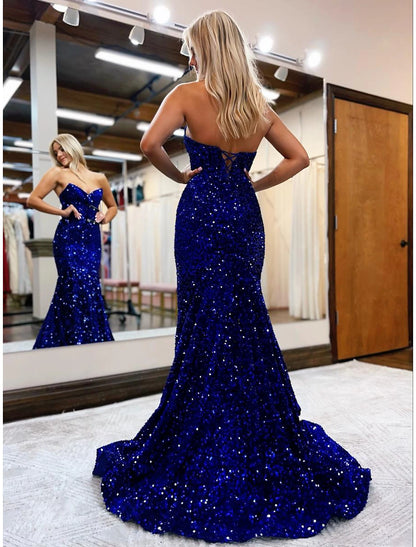 wholesale  Mermaid / Trumpet Prom Dresses Sparkle & Shine Dress Formal Sweep / Brush Train Sleeveless Sweetheart Sequined Backless with Sequin