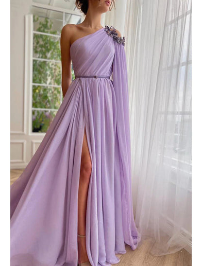 Wholesa A-Line Evening Gown Elegant Dress Formal Wedding Guest Sweep / Brush Train Sleeveless One Shoulder Capes Chiffon with Slit Shawl