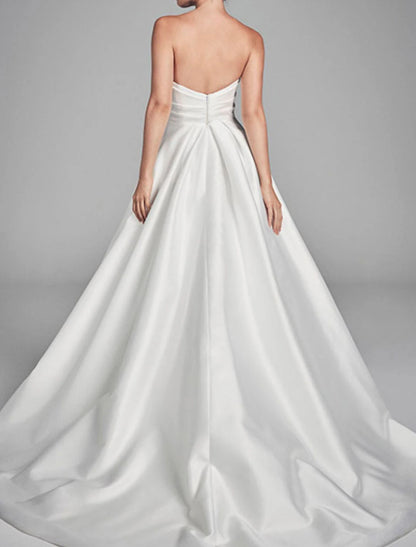 Wholesa Engagement Casual Wedding Dresses A-Line Sweetheart Strapless Sweep / Brush Train Satin Bridal Gowns With Ruched