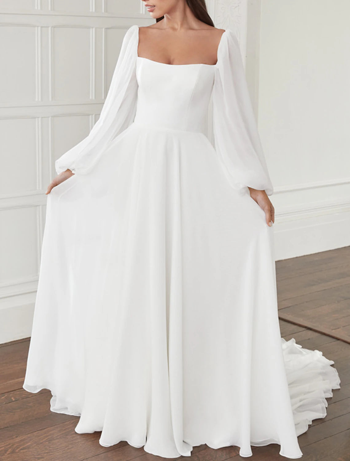 Wholesa Hall Casual Wedding Dresses A-Line Square Neck Long Sleeve Court Train Chiffon Bridal Gowns With Bow(s) Solid Color