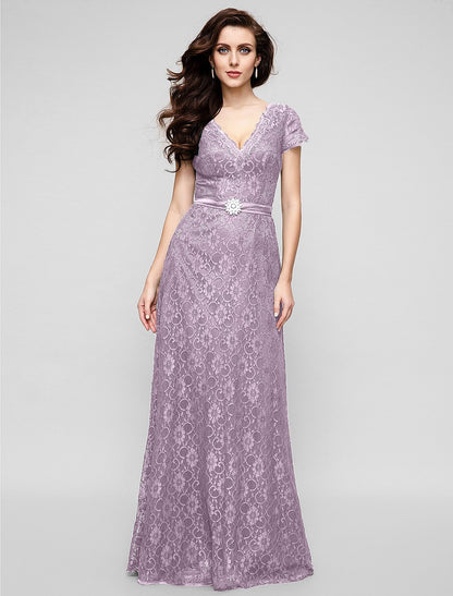 Wholesa A-Line Elegant Dress Holiday Cocktail Party Floor Length Short Sleeve V Neck All Over Lace with Crystal Brooch