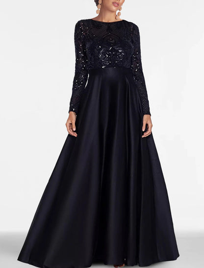 Wholesa A-Line Evening Gown Elegant Dress Formal Black Tie Floor Length Long Sleeve Off Shoulder Fall Wedding Guest Satin with Slit Pocket