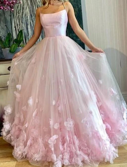 Wholesale A-Line Prom Dresses Floral Dress Performance Floor Length Sleeveless Spaghetti Strap Tulle with Pleats Appliques