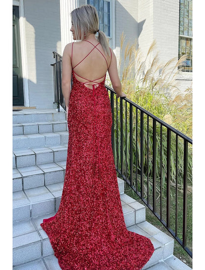 Wholesale Mermaid / Trumpet Prom Dresses Hot Dress Formal Sweep / Brush Train Sleeveless Spaghetti Strap Sequined Backless with Sequin Slit