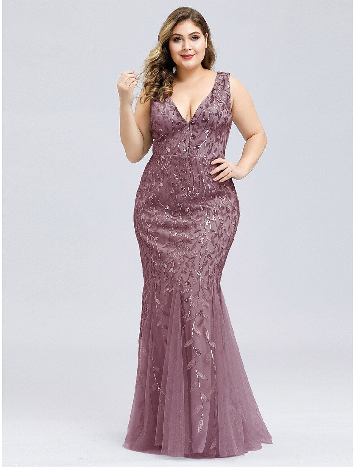 Wholesa  Mermaid / Trumpet Plus Size Sexy Prom Formal Evening Dress V Neck Sleeveless Floor Length Tulle with Appliques