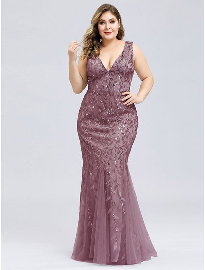 Wholesa  Mermaid / Trumpet Plus Size Sexy Prom Formal Evening Dress V Neck Sleeveless Floor Length Tulle with Appliques