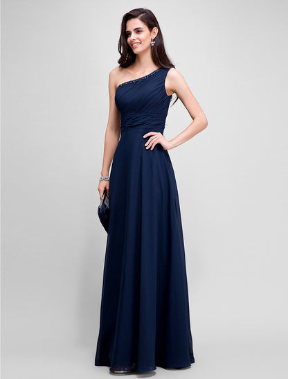 Wholesa Sheath / Column Empire Dress Wedding Guest Formal Evening Floor Length Sleeveless One Shoulder Bridesmaid Dress Chiffon with Ruched Beading