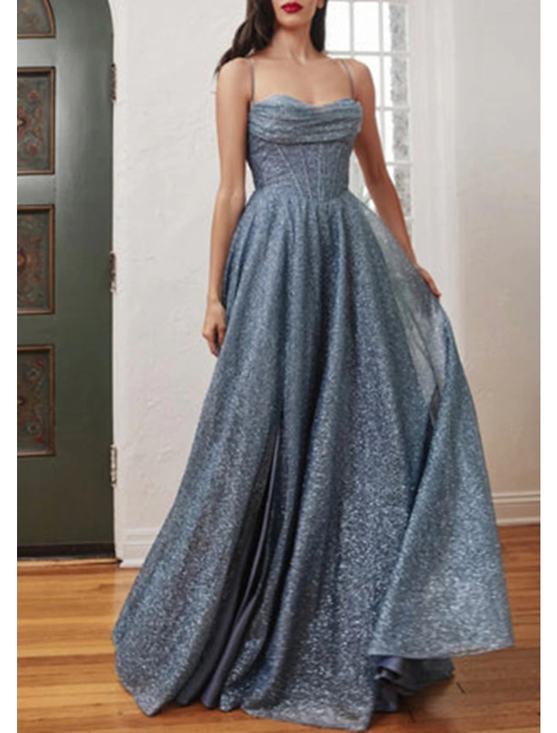 Wholesa A-Line Prom Dresses Glittering Dress Formal Evening Party Sweep / Brush Train Sleeveless Cowl Neck Tulle with Glitter Slit