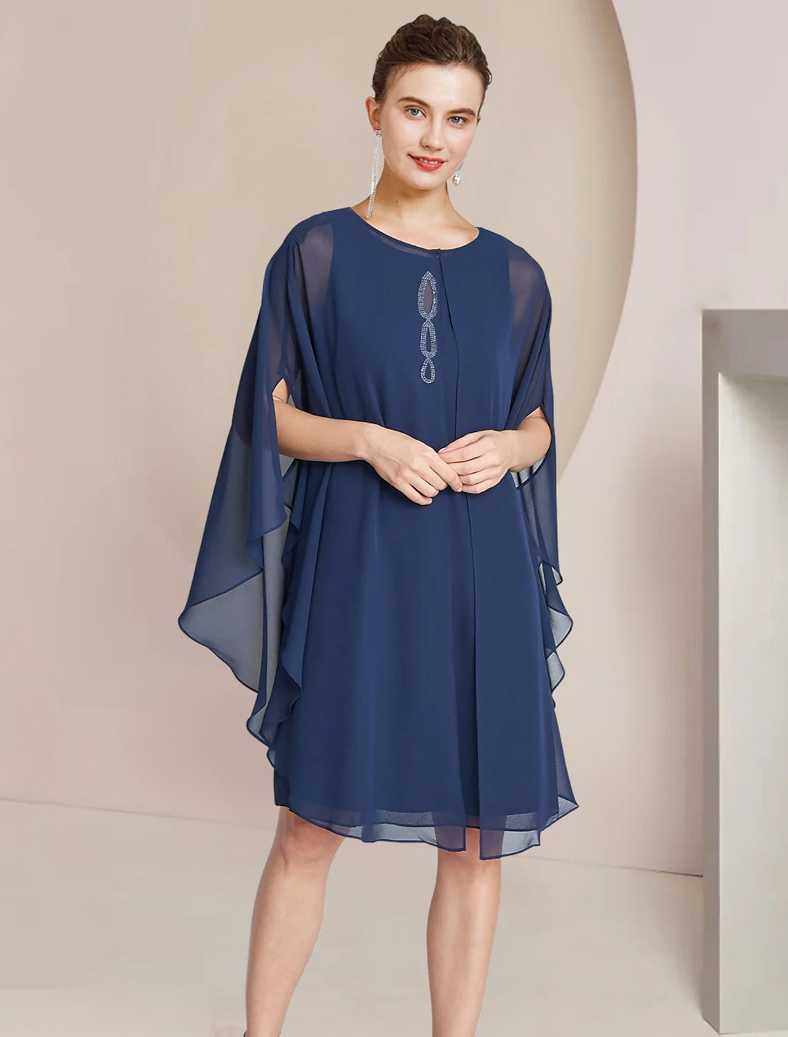 Wholesa A-Line Mother of the Bride Dress Wedding Guest Elegant Petite Jewel Neck Knee Length Chiffon Long Sleeve with Crystals Ruffles