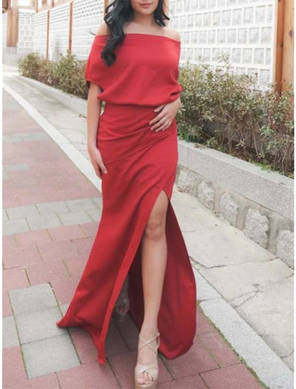 Wholesa Sheath / Column Empire Elegant Wedding Guest Formal Evening Birthday Dress Off Shoulder Half Sleeve Floor Length Stretch Chiffon with Slit