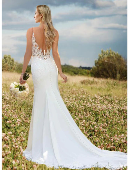 Wholesale Engagement Open Back Sexy Formal Wedding Dresses Mermaid / Trumpet V Neck Sleeveless Court Train Lace Bridal Gowns With Appliques 2023 Summer Wedding Party