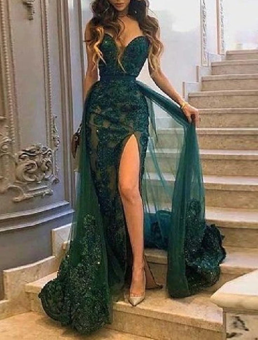 Wholesa Mermaid Prom Dresses Emerald Green Dress Red Green Dress Wedding Guest Court Train Sleeveless Strapless Tulle with Slit Appliques