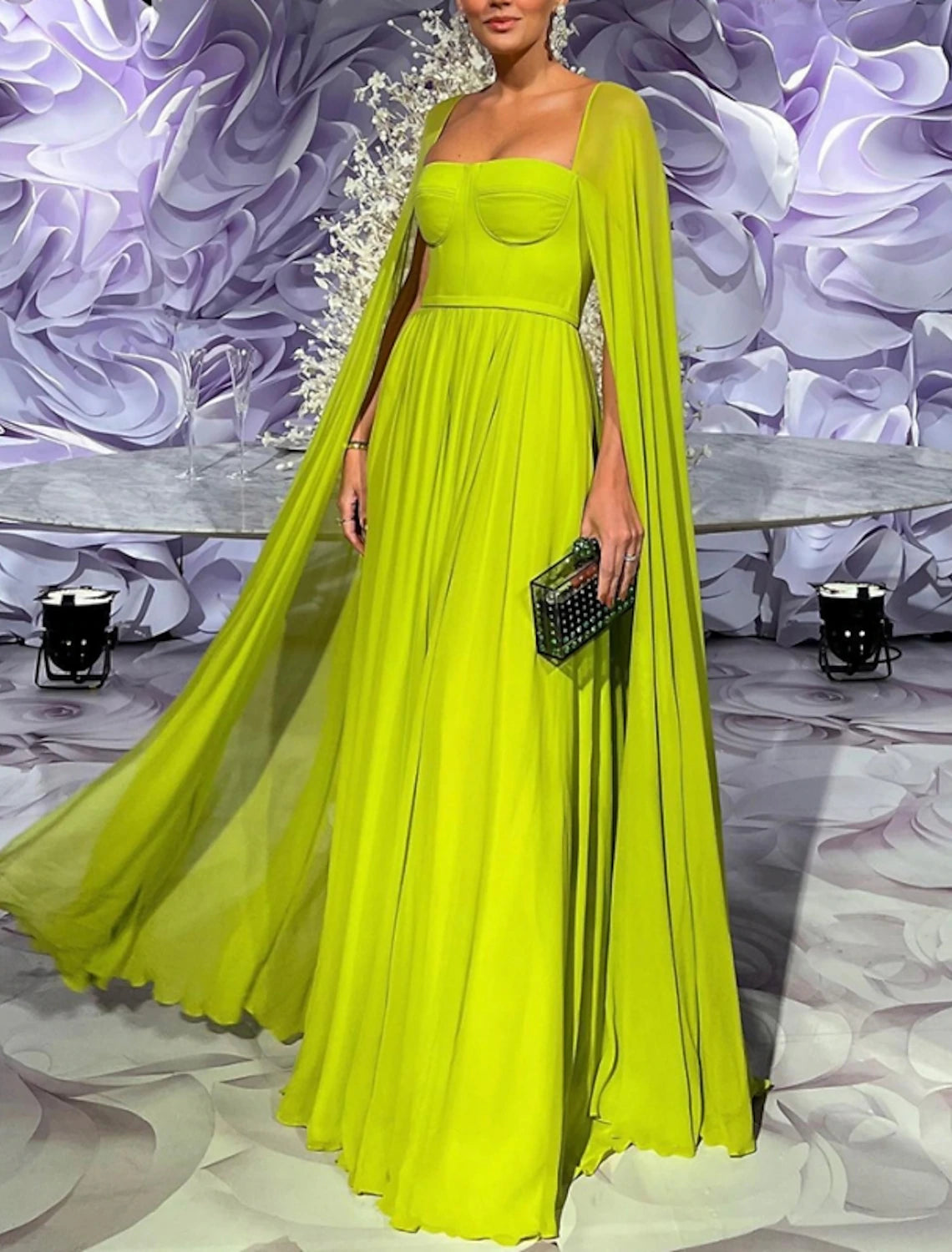 Wholesa  A-Line Evening Gown Elegant Cape Green Dress Formal Fall Floor Length Long Sleeve Square Neck Chiffon with Pleats