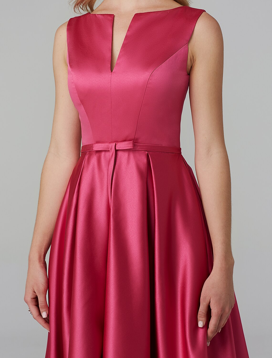 Wholesa A-Line Party Dress Wedding Guest Cocktail Party Knee Length Sleeveless V Wire Pink Dress Satin with Sash / Ribbon