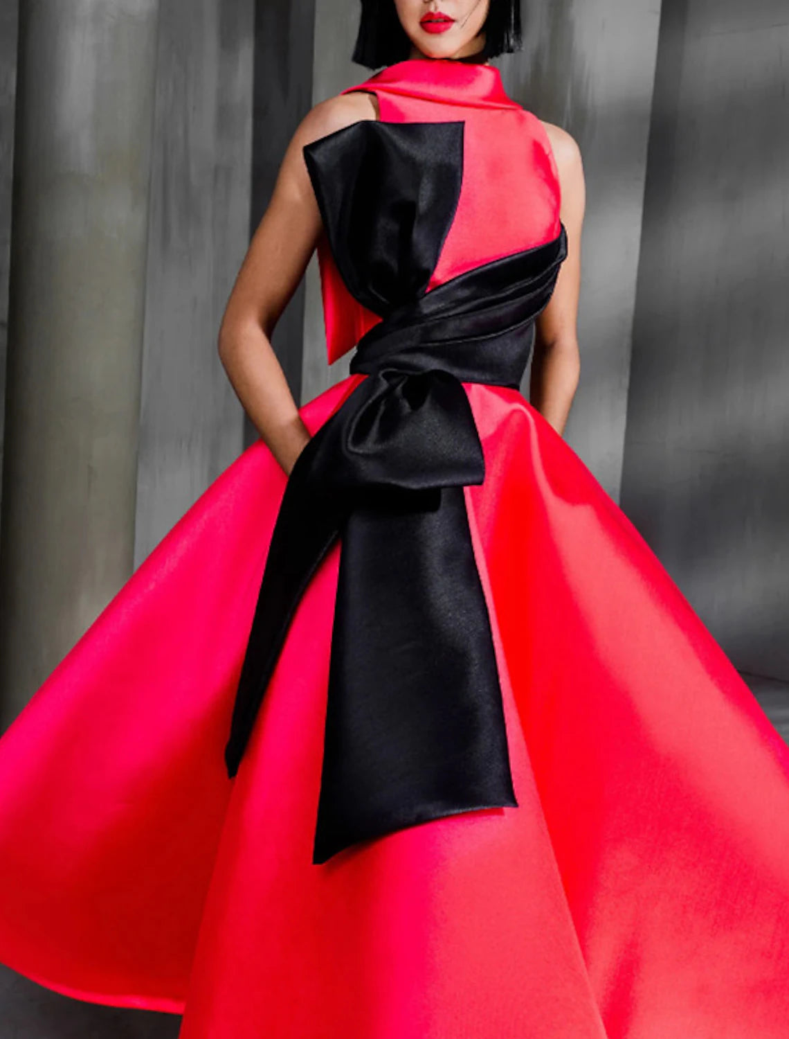 Wholesa Ball Gown Color Block Celebrity Style Elegant Prom Formal Evening Birthday Dress Red Green Dress High Neck Sleeveless Ankle Length Satin with Bow(s)